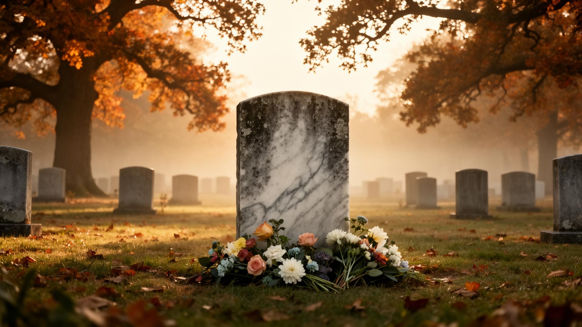 A cleaned marble headstone at golden hour with fresh flowers, surrounded by autumn oaks
